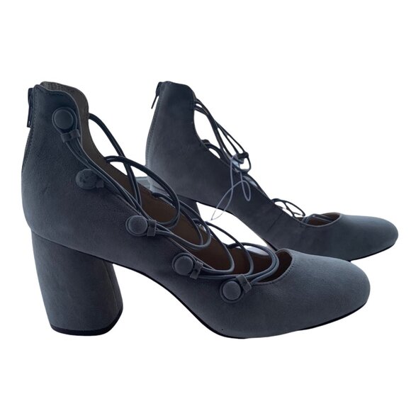 Nine West Kaede Gray Suede Strappy Block Pumps 10 - Picture 1 of 6